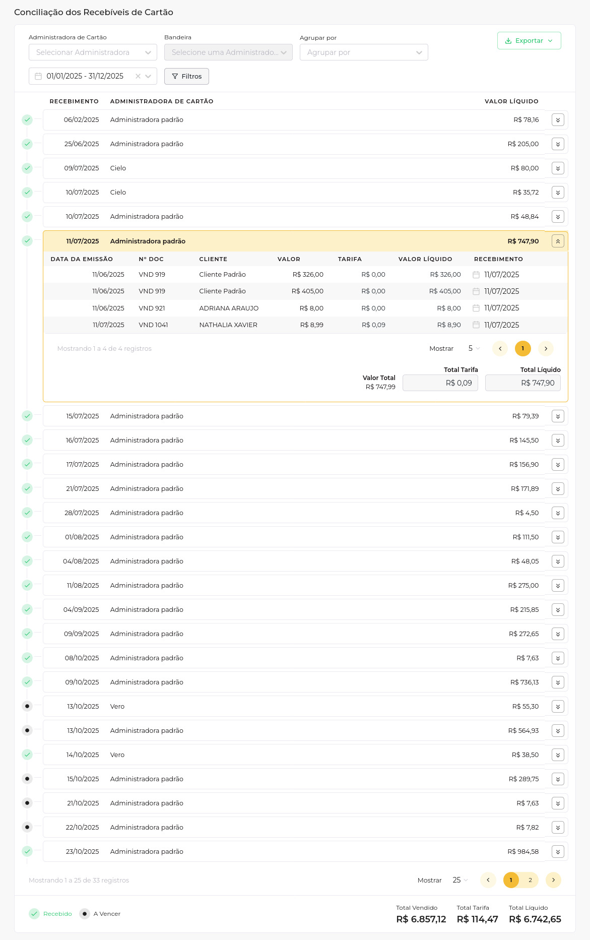 Controle de Recebimentos de Cartão - Doma